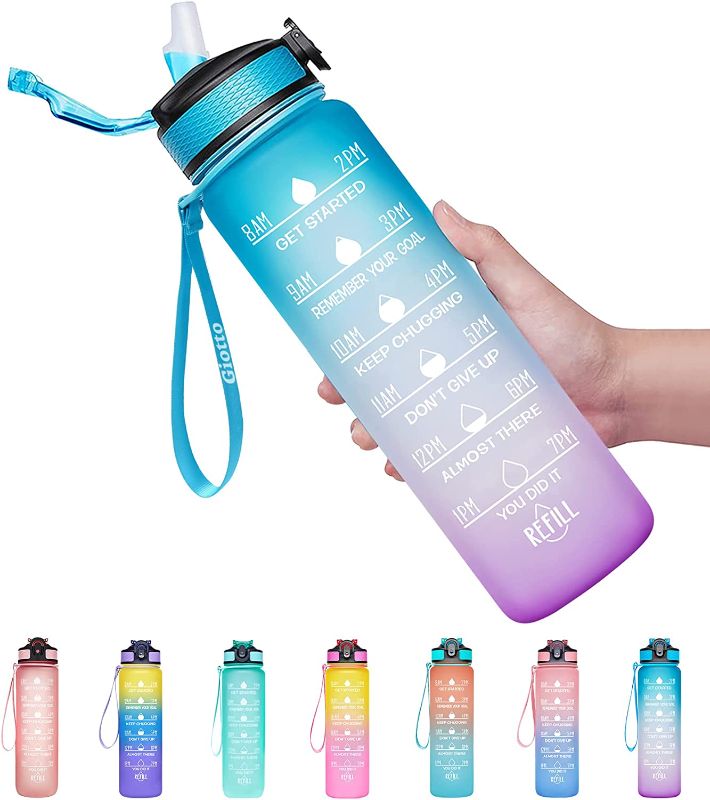 Photo 1 of  32oz Leakproof BPA Free Drinking Water Bottle with Time Marker & Straw to Ensure You Drink Enough Water Throughout The Day for Fitness and Outdoor Enthusiasts