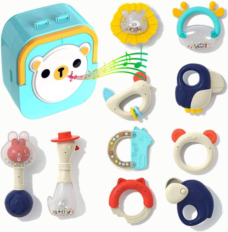 Photo 1 of 10pcs Baby Rattles 0-6 Months, Teething Toys for Babies 6-12 Months, Newborn Baby Toys Musical Hand Drum Storage Box, Early Educational Toys Infant Grab Toy Birthday Gift

