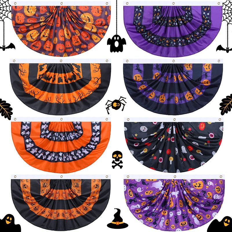 Photo 1 of 8 Pcs Halloween Pleated Fan Flag Halloween Bunting Flag Ghost Hanging Halloween Flag with Canvas Header and Metal Grommet Half Fan Banner for Outdoor Party Decor, 1.5 x 3 Feet (Ghost Style)
