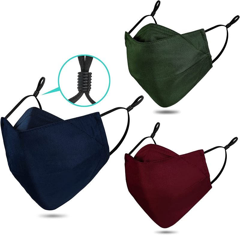 Photo 1 of 3-Ply Organic Cotton Face Masks Nose Wire Adjustable Ear Loops Filter Pocket, Cloth Face Mask Reusable Washable, Pack of 3 No Fog/Dust for Unisex Adult (1 Blue+1 Green+1 Burgundy)
