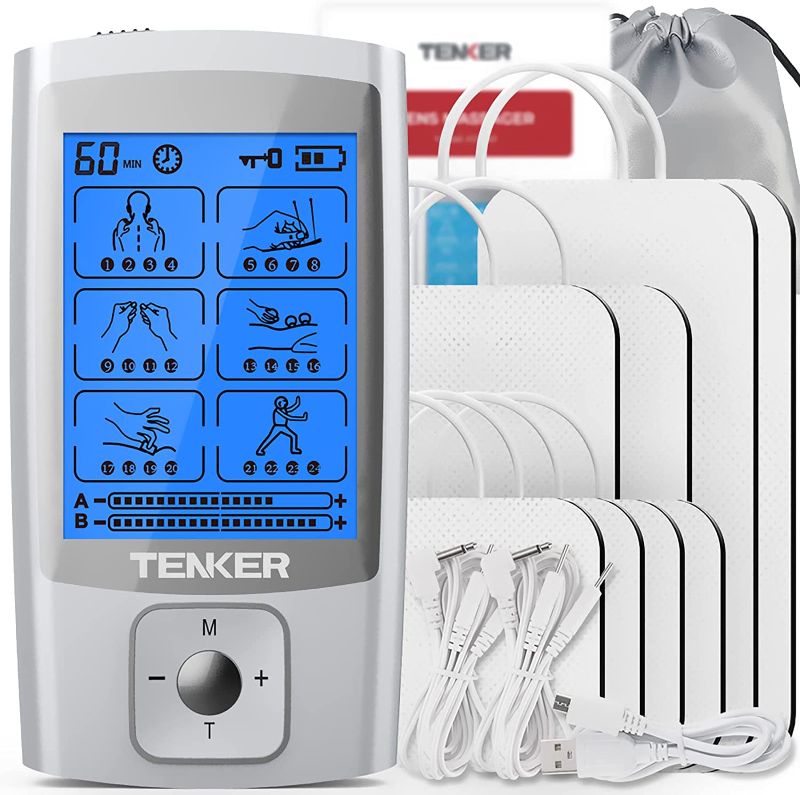 Photo 1 of TENKER EMS TENS Unit Muscle Stimulator, 24 Modes Dual Channel Electronic Pulse Massager for Pain Relief/Management & Muscle Strength Rechargeable TENS Machine with 8 Pcs Electrode Pads
