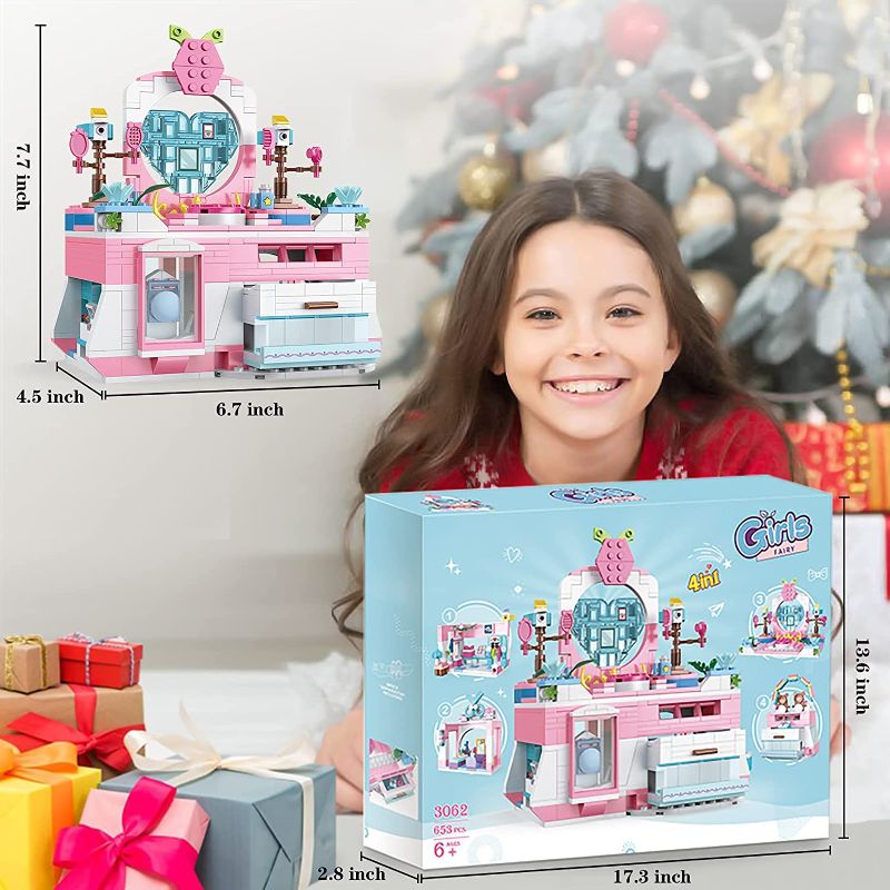 Photo 2 of BRICK STORY Girls Building Blocks Toys, 653 Pieces Creator 4in1 Pink Jewelry Box Building Kit, Friends Hair Salon City Sets, Educational Gift for Girls Age 6-12 and up
