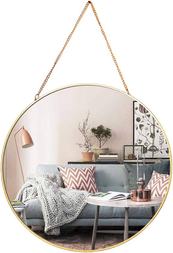 Photo 1 of AFFOMO Hanging Wall Mirror Round Small Wall Decor Gold Mirror with Chain for Home Decor Bathroom Bedroom Living Room (Gold)
