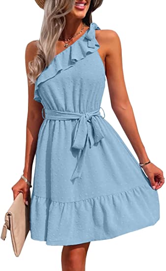 Photo 1 of Bigeoosh Women's Ruffle Trim Dress One Shoulder Swiss Dot Belted Dress Party Dress --- xxl
