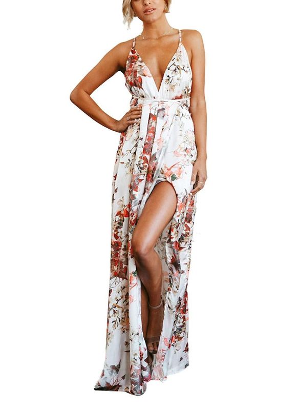 Photo 1 of FFLMYUHUL I U Women's Strap Floral Print Lace Up Backless Deep V Neck Sexy Split Beach Maxi Dress --LARGE 
