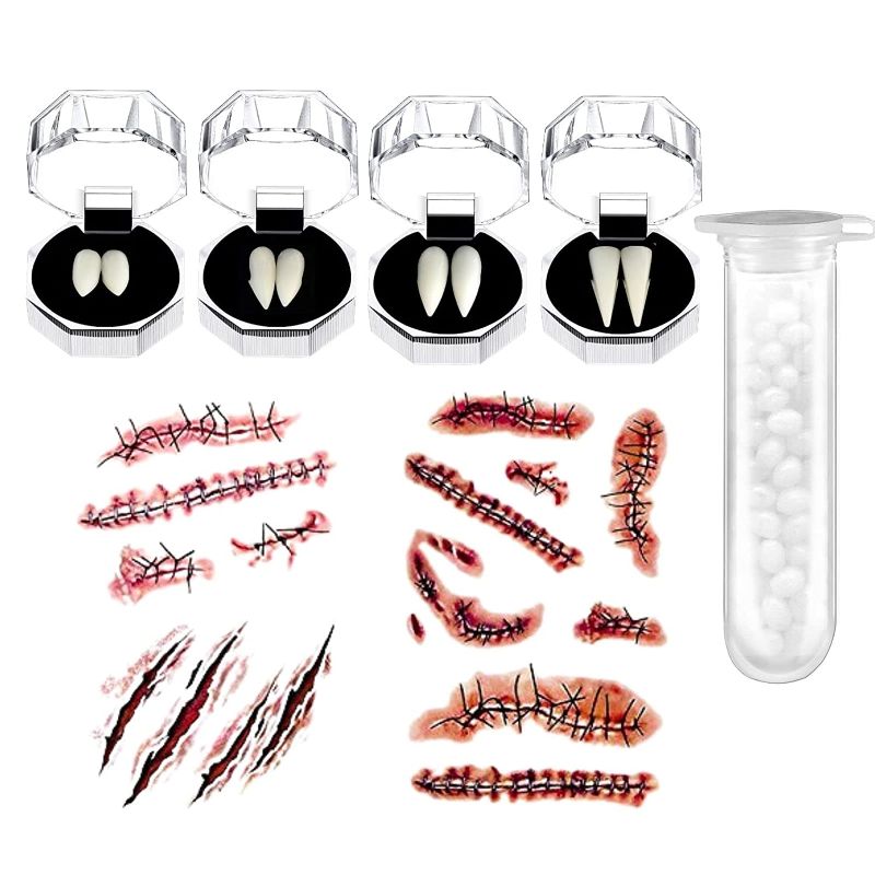 Photo 1 of 4 Pairs Halloween Vampire Fangs Teeth for Halloween Party Cosplay Props White Horror False Teeth Props Party & 2 Halloween Theme Tattoos

