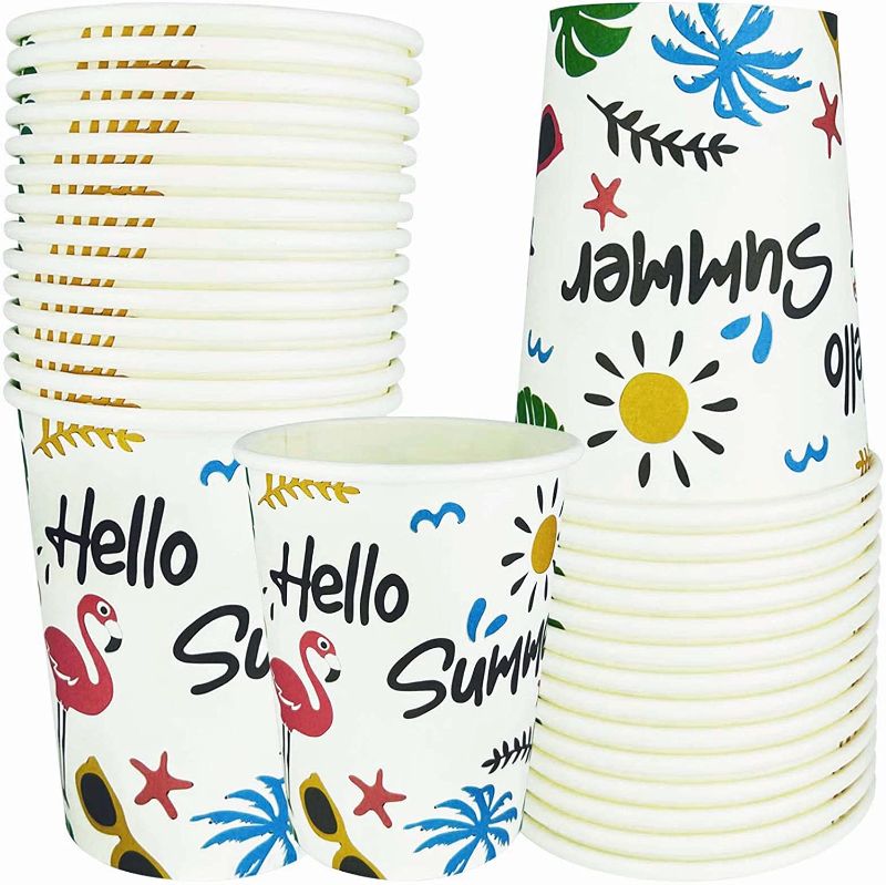 Photo 1 of 30 PCS Summer Theme paper Cup Pack Disposable Paper Cup Summer Designs for Hot Chocolate Cocoa or Cold Beverage 9oz., White
