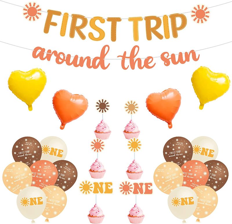 Photo 1 of 34Pcs Boho Sun First Trip Around the Sun Birthday Party Decorations, Boho Rainbow First Trip Around the Sun Banner Cupcake Toppers Balloons Hippie One Birthday Baby Shower Supplies
