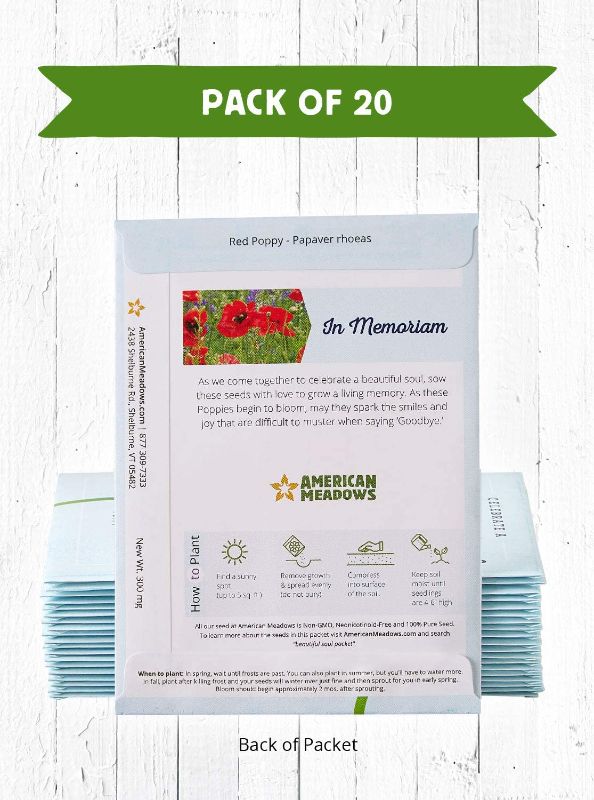 Photo 1 of American Meadows Wildflower Seed Packets "Celebrate a Beautiful Soul" Memorial Favors (Pack of 20) - Red Poppy Seed Mix, Favors for Funerals, Wakes, Viewings, Visitations, Memorial Services  -- FACTORY SEALED --
