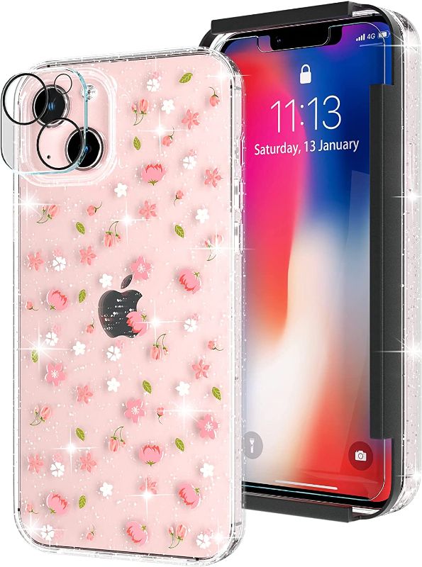 Photo 1 of FANPL Crystal Glitter Case for iPhone 13 with Screen Protector and Camera Lens Protector, Cute Protective Cover for Women Girls - Pink Sakura Snow  -- FACTORY SEALED --
