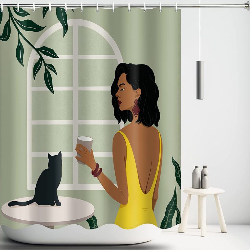 Photo 1 of Amtoodopin Black Girl Shower Curtain African American Bathroom Curtain Green Shower Curtain Minimalist Shower Curtain with 12 Hooks
