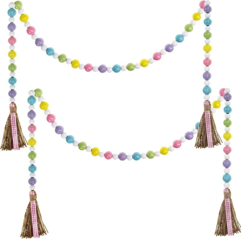 Photo 1 of  Easter Wood Bead Garland with Tassels Spring Wood Bead Garland for Easter (2, 1m)
