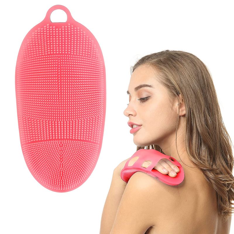 Photo 1 of  Food-Grade Soft Silicone Body Cleansing Brush Gentle Bath Exfoliating Glove Shower Scrubber for Sensitive, Delicate, Dry Skin (Pink)
