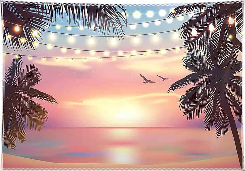 Photo 1 of Allenjoy 10X8ft Durable/Soft Fabric Pink Sunset Hawaiian Beach Backdrop Summer Tropical Seaside Photography Background Aloha Luau Party Supplies Wedding Birthday Baby Shower Decoration Photo Booth
