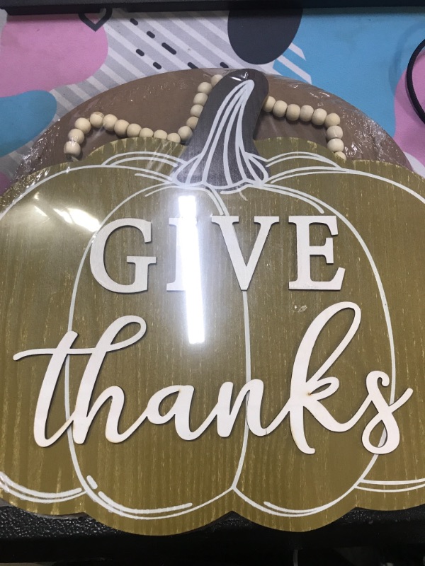 Photo 2 of  Thanksgiving Door Decorations, Large Size Pumpkin Wood Hanging Sign with Beads Garland and GIVE Thanks Lettered for Fall Decor, Thanksgiving Decor for Tables, Wall, Porch, Front Door
