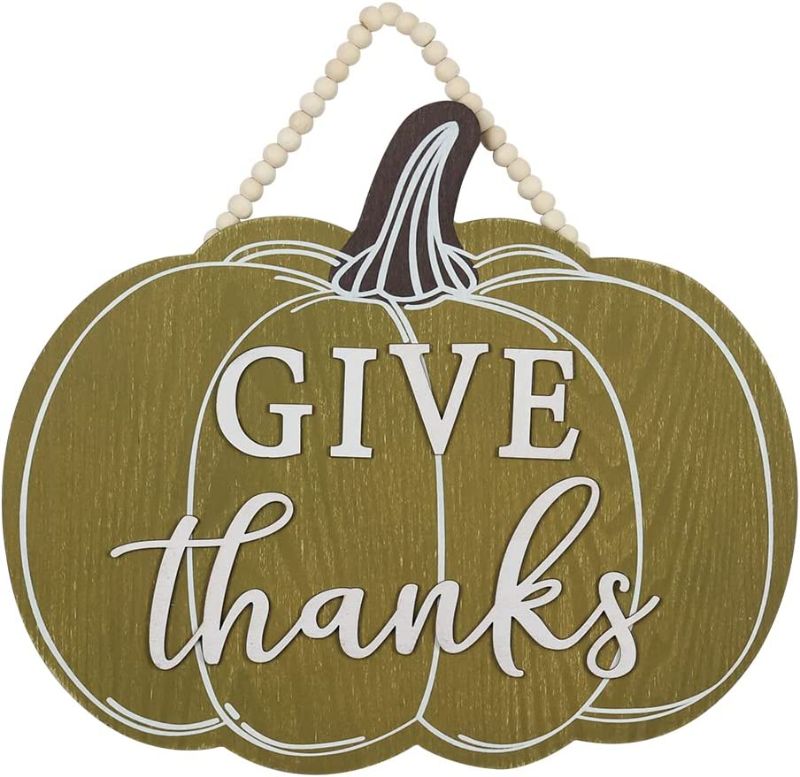 Photo 1 of  Thanksgiving Door Decorations, Large Size Pumpkin Wood Hanging Sign with Beads Garland and GIVE Thanks Lettered for Fall Decor, Thanksgiving Decor for Tables, Wall, Porch, Front Door
