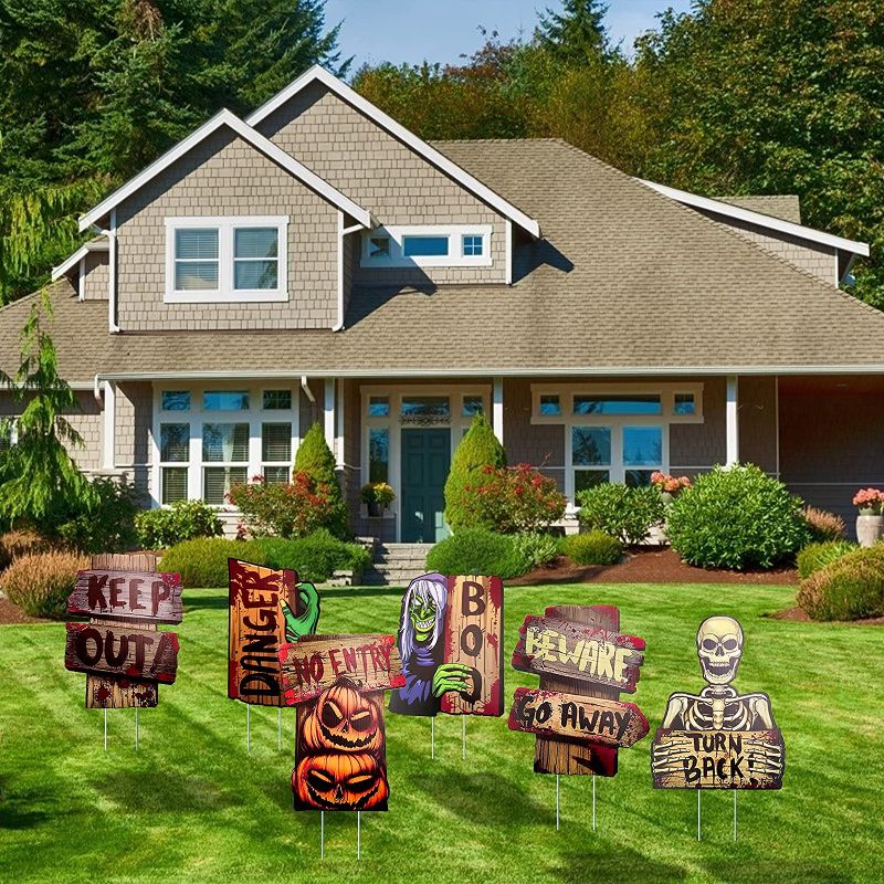 Photo 1 of  6pcs Halloween Decorations Yard Signs,Outdoor Lawn Stakes Beware Yard Sign,Yard Signs for Halloween Props Decorations Outdoor,Used for Halloween Outdoor/Indoor Party Decoration
