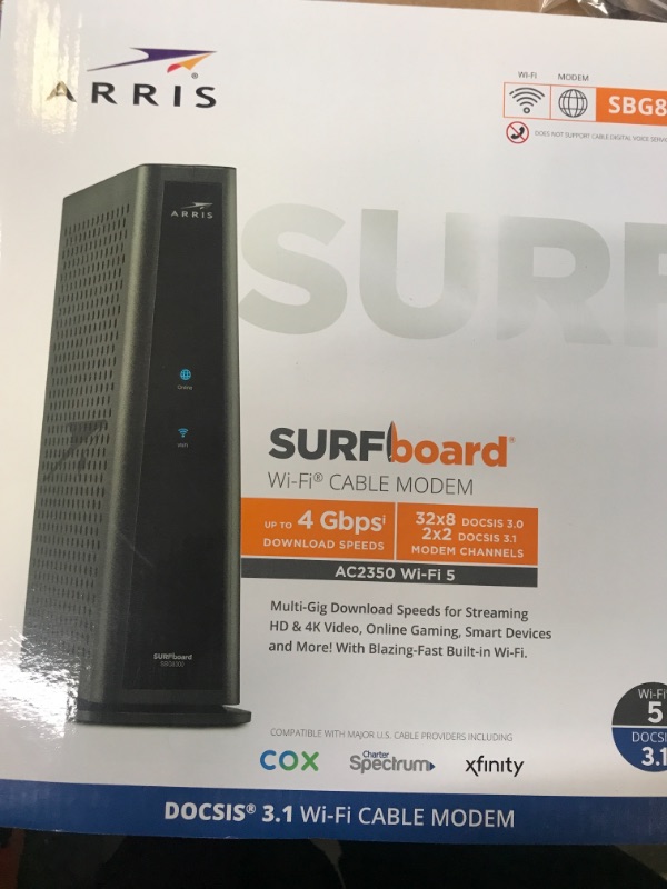 Photo 2 of ARRIS SURFboard SBG8300 DOCSIS 3.1 Gigabit Cable Modem & AC2350 Wi-Fi Router | Comcast Xfinity, Cox, Spectrum & more | Four 1 Gbps Ports | 1 Gbps Max Internet Speeds | 4 OFDM Channels 2 Year Warranty
