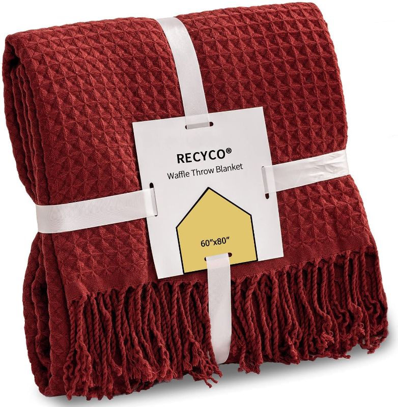 Photo 1 of RECYCO Christmas Throw Blanket for Couch, Waffle Throw Blanket, Lightweight Decorative Knitted Throw with Tassels for Sofa Bed, Home Decor, 60 x 80 Inch, Red Christmas
