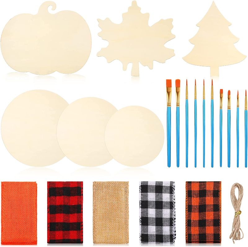 Photo 1 of 6 Pieces Large Unfinished Wood Cutouts Thanksgiving Wood Circles Autumn Pumpkin Fall Halloween Maple Leaves Christmas Tree Ornaments for Crafts with Ribbon Twine 10 PCS Paint Brushes for DIY Painting
