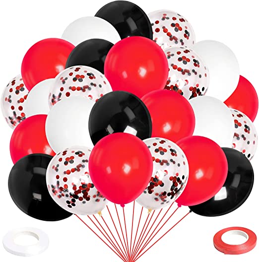Photo 1 of 100 Pieces 12 Inch Black and Red Confetti Balloons, Black and Red and White Latex Balloons with Confetti for Birthday Wedding Baby Shower Graduation Quinceanera Halloween Christmas Retirement Party Decorations
