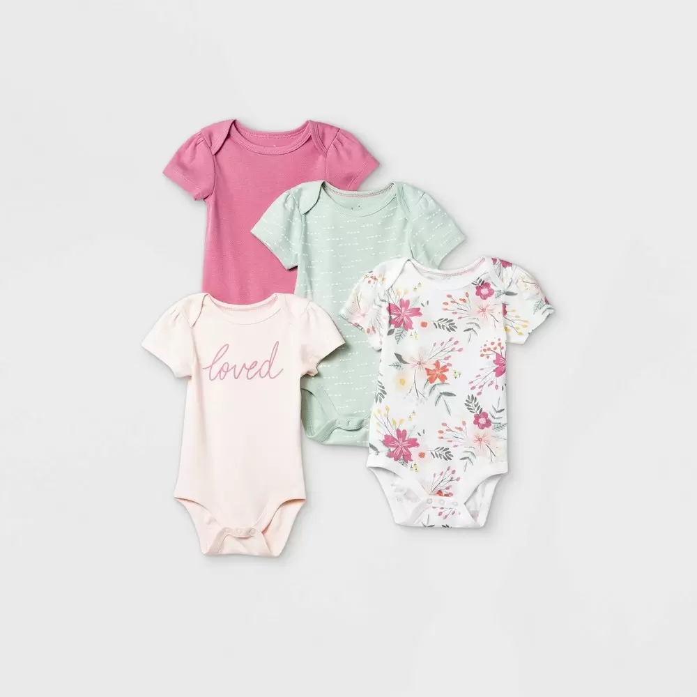 Photo 1 of Baby Girls' 4pk Meadow Short Sleeve Bodysuit - Cloud Island Pink/White/Green 12M
