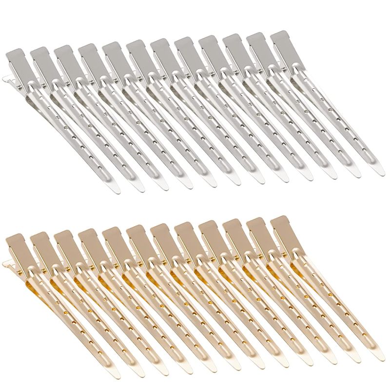 Photo 1 of Fengek 48 Pcs Duckbill Clips 3.35 Inch Alligator Curl Clips Metal Hair Clips with Holes Professional Sectioning Clips for Women Girls (3.35 Inch (Pack of 48), KC Gold, Silver)
