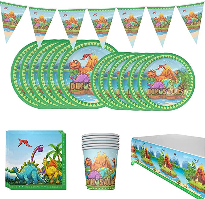 Photo 1 of AGAINZHQ Dinosaur Themed Birthday Party Supplies, 12 Guests Jungle Dinosaur Birthday Tableware Set, Includes Dessert Plates Paper Cups Napkins Tablecloth for Boys Kids Birthday Baby Shower Decorations