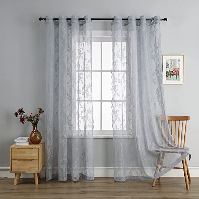 Photo 1 of Anytime Gray Lace Sheer Curtain Panels for Living Room, Elegant Window Treatment Sets, Light Filtering Sheer Curtains for Office (2 Panels, 55"W x 95"L)