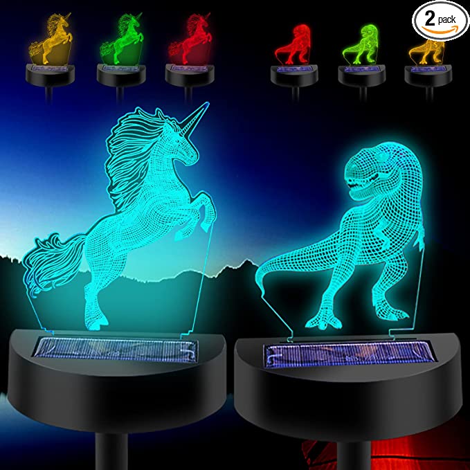 Photo 1 of 3D Solar Lawn Lights,Twosnails LED Outdoor Solar Lights Decorative 5 Colors Changing as Gifts for Kids Girls Boys, Beautiful Solar Flower Lights for Pathway Patio Yard Deck Walkway (Dinosaur Unicorn)
