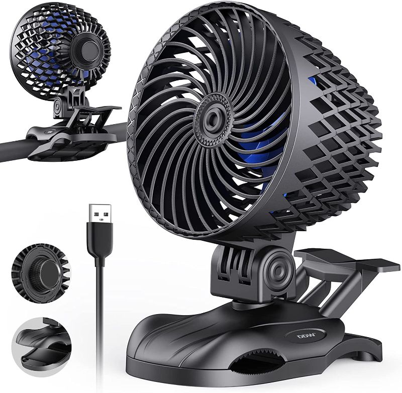 Photo 1 of DDW Small USB Desk Fan, Variable Speed Clip on Fan with Strong Airflow&Sturdy Clamp, 360°Rotation Adjustable Portable Table Cooling Fan for Home Office Car Stroller(Black+Blue Blades)
