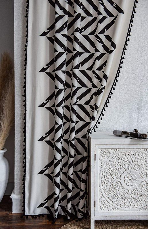 Photo 1 of Bohemian Window Curtain Panel with Tassles Rod Pocket Colorful Vintage Semi-Blackout Cotton Linen Darkening Drapes for Bedroom Dining Living Room
