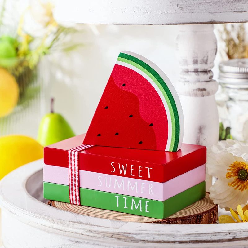 Photo 1 of 4 Pcs Summer Tiered Tray Decor Summer Wooden Tabletop Centerpiece Signs Fruit Decorative Book Stack Farmhouse Wooden Decorations with Bow for Home Indoor Outdoor Decoration Supplies (Watermelon)
