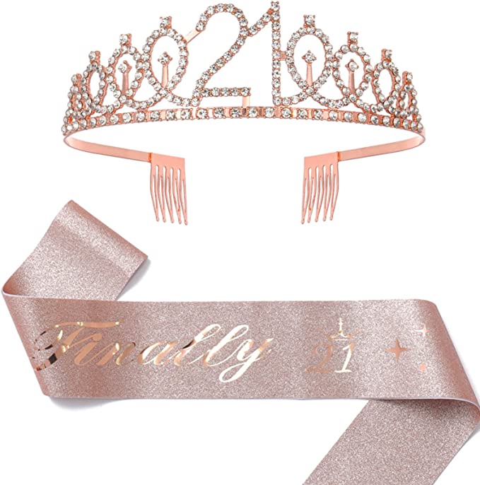 Photo 1 of 21 and Fabulous Sash & Rhinestone Tiara Set,21st Birthday Gifts,Rose Gold Birthday Sash/Tiara for Women's 21st Birthday Party Decoration
