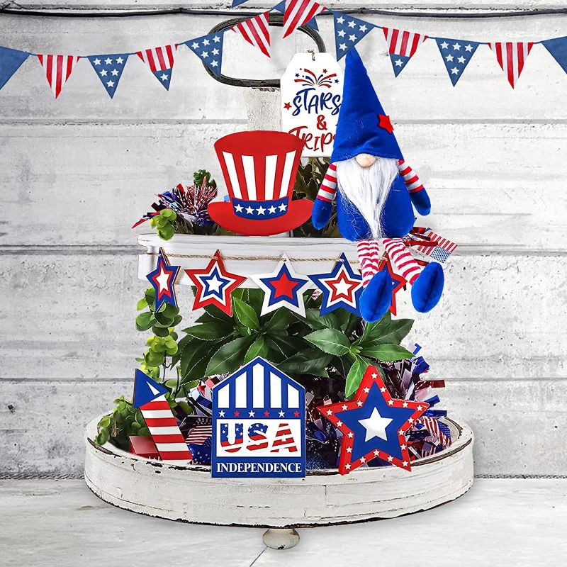 Photo 1 of 4th of July Decorations, Patriotic Tiered Tray Decor, 11 PCS Fourth of July Decorations Wooden Signs & Gnomes Plush Bundle - Americana Decor Items for Home Table for Independence Day
