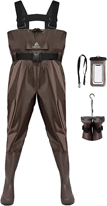 Photo 1 of FEIFULL Chest Waders with Boots,Waterproof Lightweight for Fishing& Hunting& Farm, with Boot Hanger and Waterproof Phone Case, Size 5-14 for Men Women and Youth (Green and Brown)
