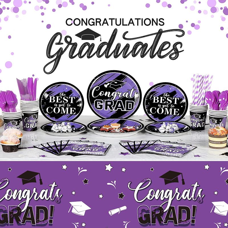 Photo 1 of 193 Pcs Congrats Grad Party Supplies Set Graduation Decoration Class of 2022 Graduate Tablecloth Cups Plates Napkins Tableware for Event Celebration Party Supply, Serves 24 (Purple and White)
