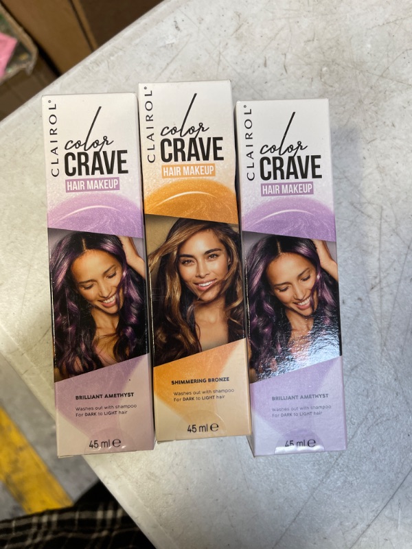 Photo 1 of 1- Clairol Color Crave Temporary Hair Color Makeup, Shimmering Bronze Hair Color, 1 count
2- Clairol Color Crave Temporary Hair Color Makeup, Brilliant Amethyst Hair Color, 2 Count