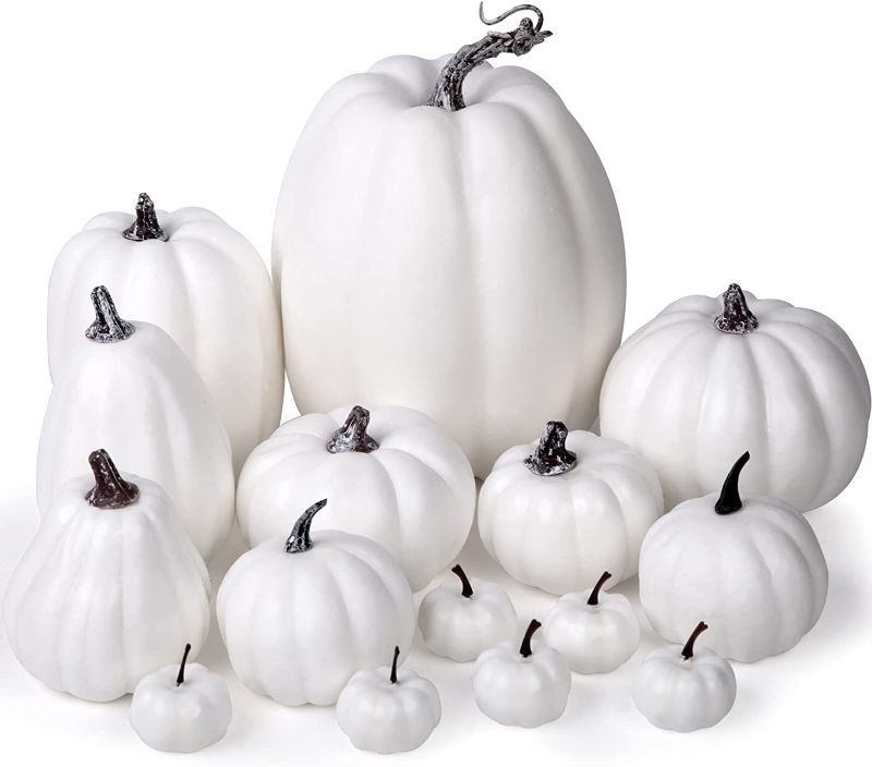 Photo 1 of BigOtters White Artificial Pumpkins, 15PCS Assorted Sizes Pumpkins White Faux Pumpkins for DIY Crafts Wedding Halloween Thanksgiving Table Centerpiece
