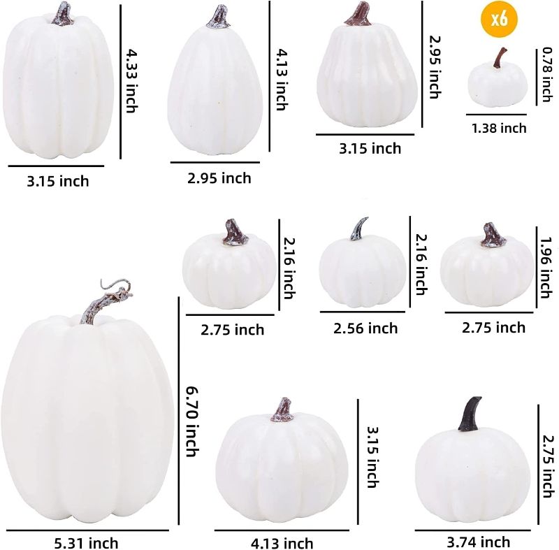 Photo 2 of BigOtters White Artificial Pumpkins, 15PCS Assorted Sizes Pumpkins White Faux Pumpkins for DIY Crafts Wedding Halloween Thanksgiving Table Centerpiece
