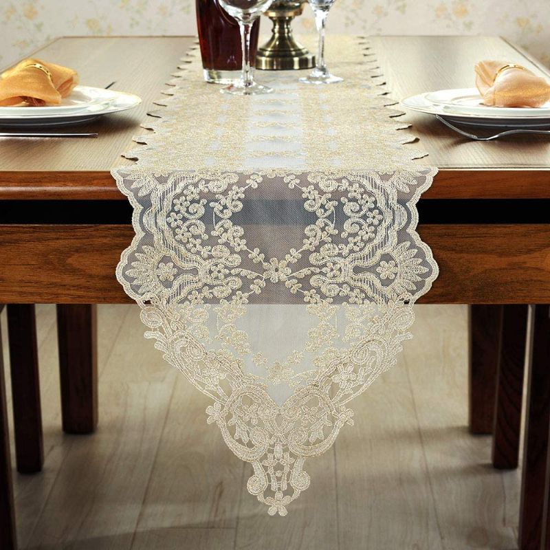 Photo 1 of ARTABLE Gauze Table Runner Dresser Scarf Lace Macrame Embroidered Table Runners Chiffon Piano Runner for Wedding Holiday Summer Picnic Dinner Tables (Light Gold, 12''X48''(30X120cm))
