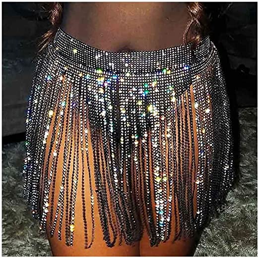 Photo 1 of Yokawe Crystal Tassel Skirts Rhinestone Hip Waist Body Chain Nightclub Rave Party Belly Dance Skirt for Women
