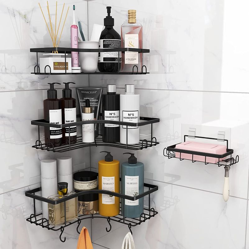 Photo 1 of 3 Pack Shower Caddy Corner with Hooks and Soap Holder, Adhesive Corner Shower Shelf for Inside Shower Basket Rack Storage, Stainless Steel Shower Shelf for Bathroom with 6 Removable Hooks Black
