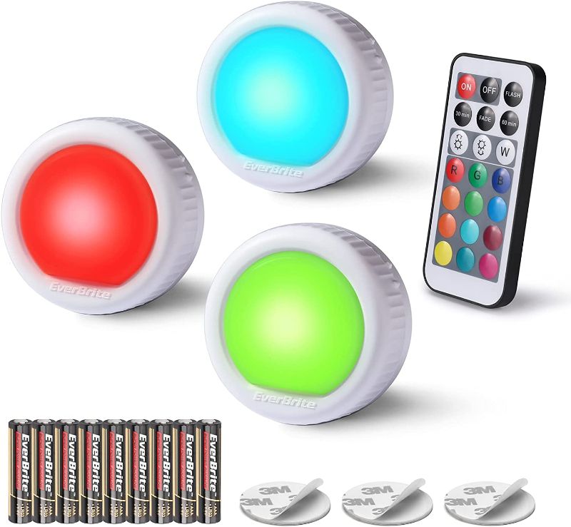 Photo 1 of EverBrite Tap Light, Push Light, LED Puck Lights with 12 RGB Colors, Wireless Touch Light Under Cabinet, 80 Lumens Night Light for Closet, Bedroom, Wall, Classroom, 9 AAA Batteries Included, 3-Pack
