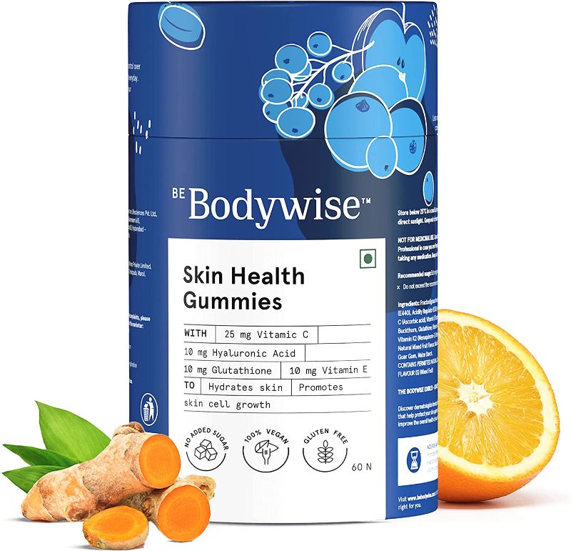 Photo 1 of Be Bodywise Skin Gummies with Vitamin C, Hyaluronic Acid, Vitamin E, Curcumin | Skin Gummies | Vegan Gummies, Gluten Free | Skin Vitamins | No Sugar Added | 1 Month Pack | 60 Gummies
, EXP OCT. 2023