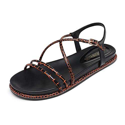 Photo 1 of DREAM PAIRS Women's Sdfs228w Sandals Summer Casual Dressy Cross Strappy Cute Comfortable Round Toe Flat Sandals, Black Orange, Size 10, MINOR DAMAGE TO PACKAGING
