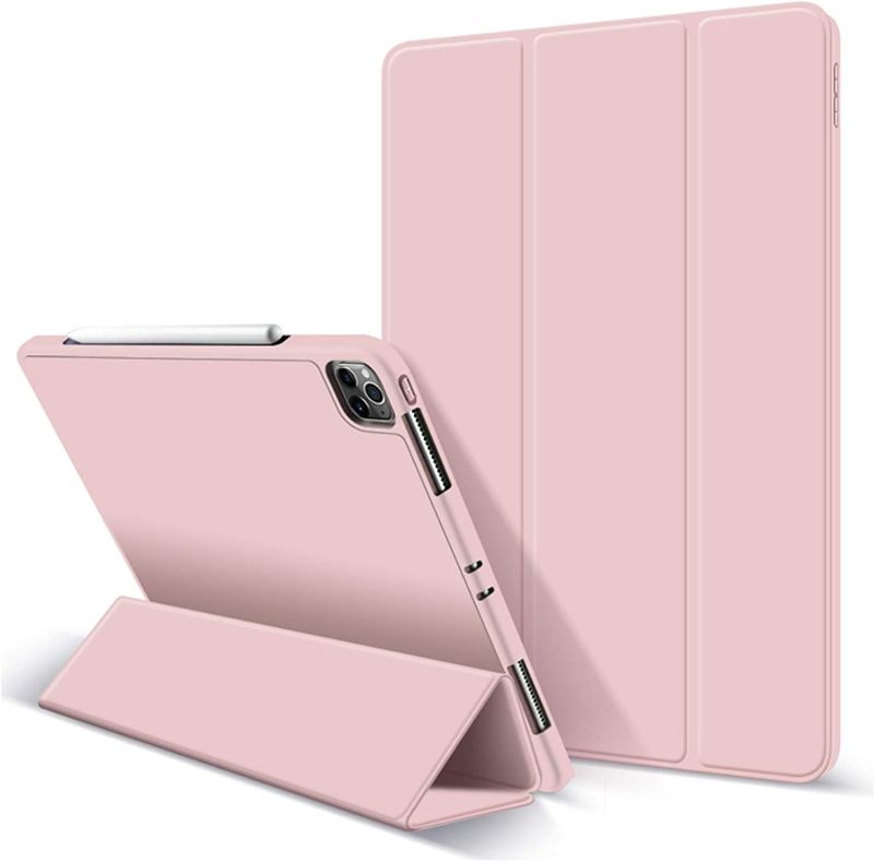 Photo 1 of Aoub Case for iPad Pro 12.9 2020 & 2018, Auto Sleep/Wake Slim Lightweight Trifold Stand Smart Cover, Soft TPU Back Case with Pencil Holder for iPad Pro 12.9 inch, Light Pink
