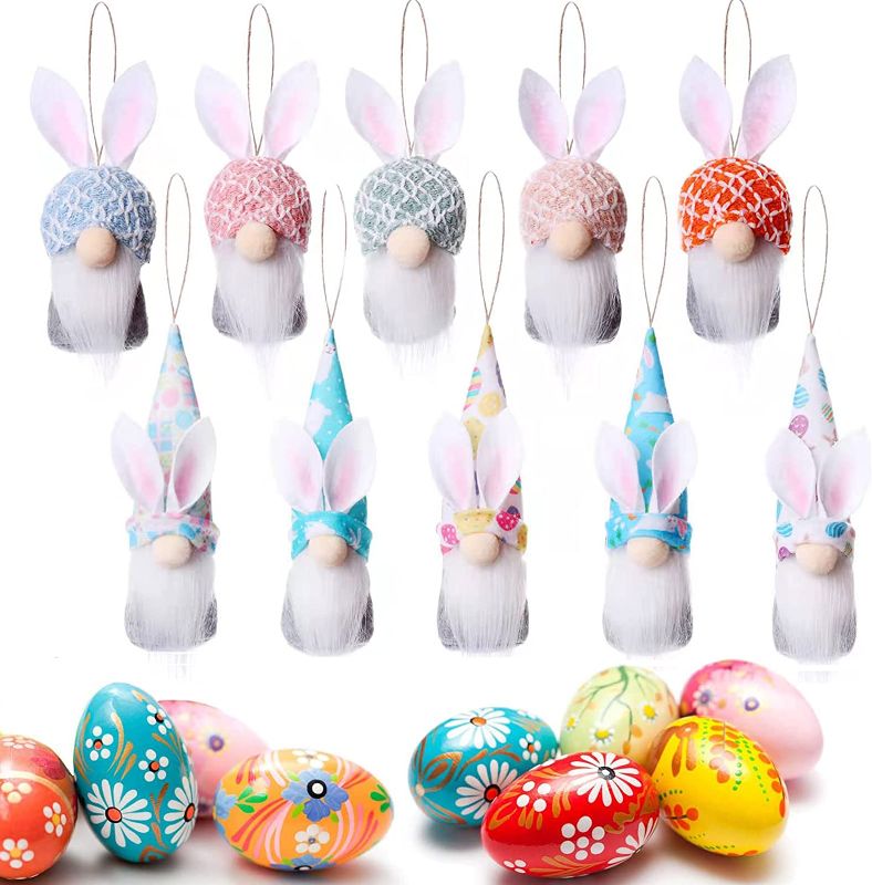 Photo 1 of 10 Pieces Easter Hanging Bunny Ornaments, Handmade Colorful Plush Bunny Gnomes Easter Gnomes Tree Ornament Decorations, Cute Easter Favor Gifts Easter Tree Decorations Ornaments for Home Party Holiday
