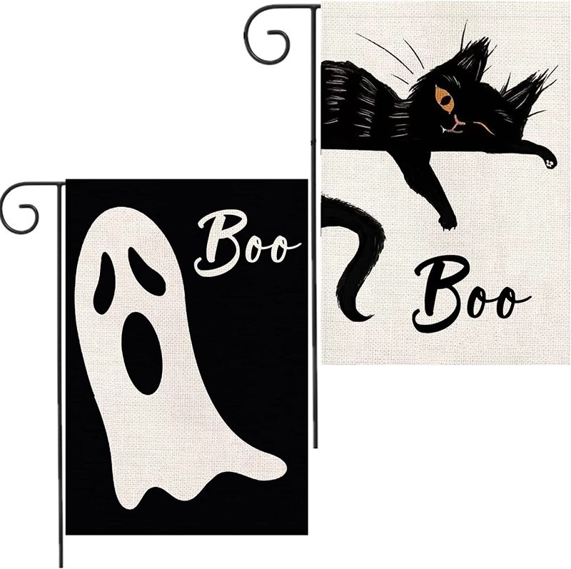 Photo 1 of 2PCS Halloween Boo Garden Flags 12x18 Double Sided, Vertical Boo Ghost Black Cat Halloween Yard Flags for Outdoor Outside Halloween Decor
