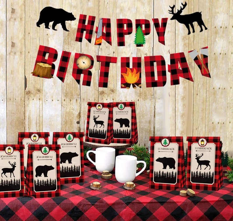 Photo 1 of 13 PCS Lumberjack Birthday Party Supplies Lumberjack Birthday Banner Lumberjack Party Favor Bags for Lumberjack Baby Shower Birthday Party Supplies
